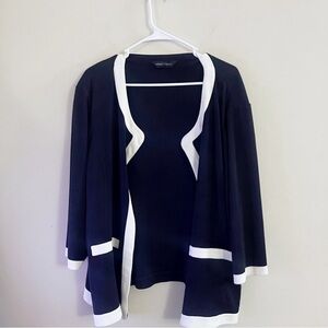 Ming Wang Dark Blue and White Trim Cardigan Classy Chic Workwear Office